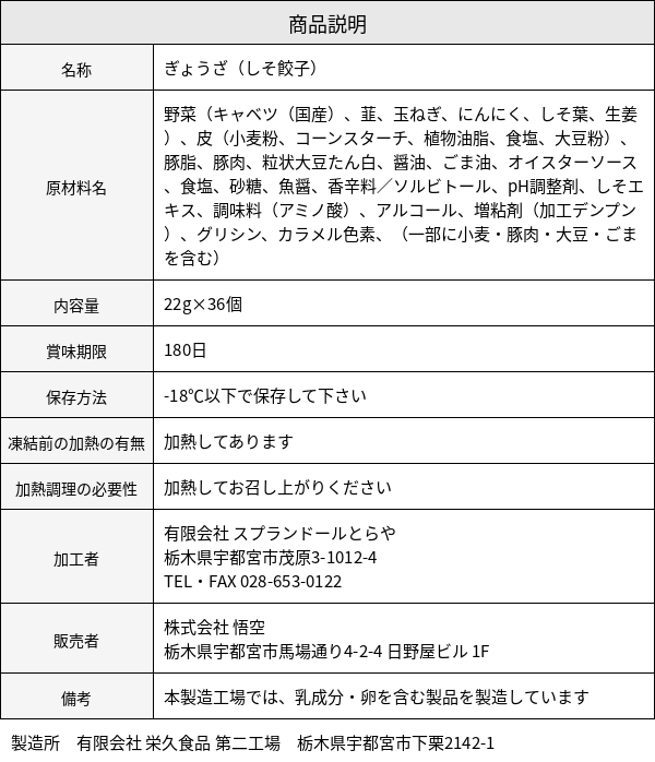 しそ餃子 原材料表示